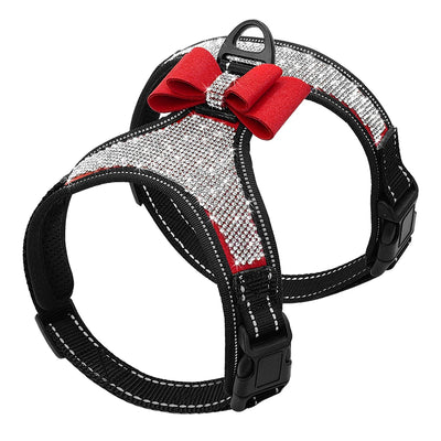 Reflective Dog Harness Nylon Pitbull Pug Small Medium Dogs Harnesses Vest Bling Rhinestone Bowknot Dog Accessories Pet Supplies