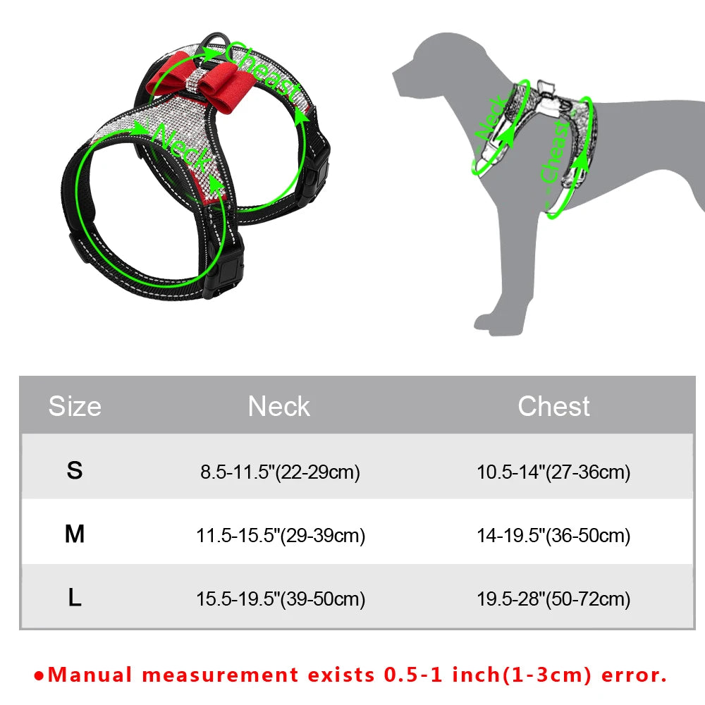 Reflective Dog Harness Nylon Pitbull Pug Small Medium Dogs Harnesses Vest Bling Rhinestone Bowknot Dog Accessories Pet Supplies