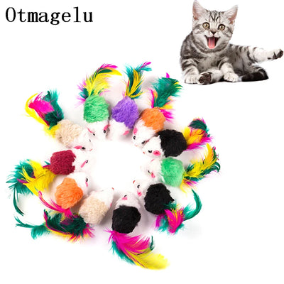 Cute Mini Soft Fleece False Mouse Cat Toys Colorful Feather Funny Playing Training Toys For Cats Kitten Puppy Pet Supplies