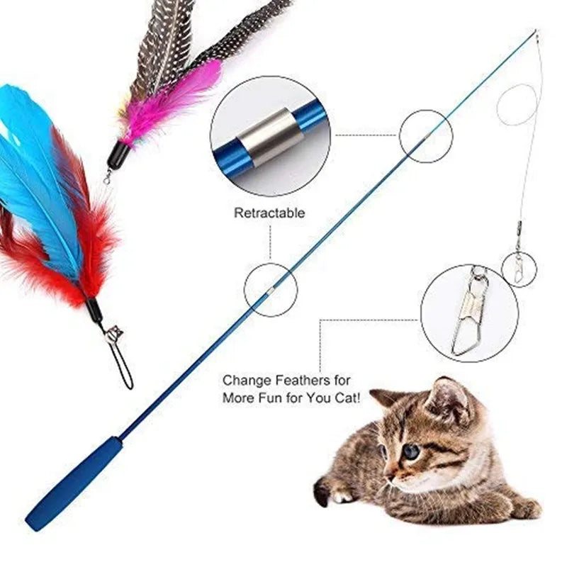 Interactive Cat Feather Toy Feather Teaser Stick Wand Pet Retractable Feather Bell Refill Replacement Catcher Product for Kitten