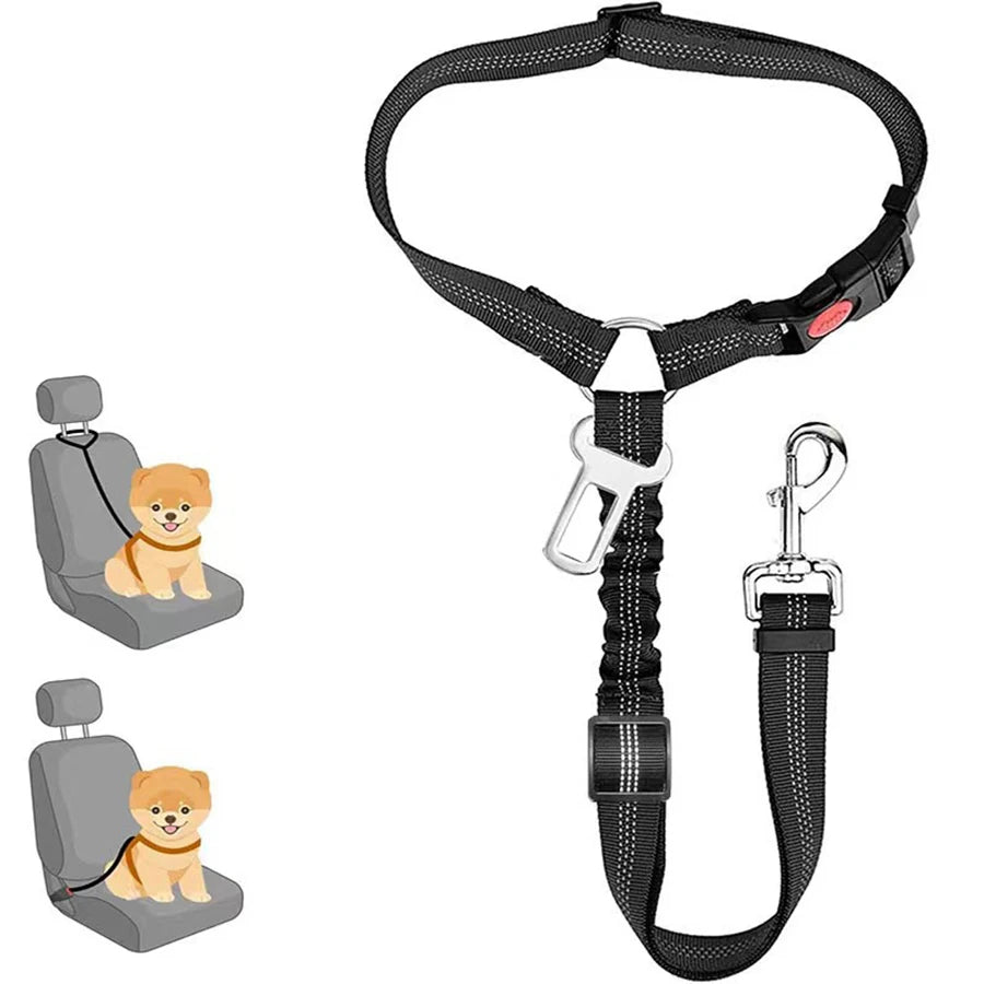 Pet car seat belt rope, circular ring, dog car retractable elastic reflective belt, dog towing rope