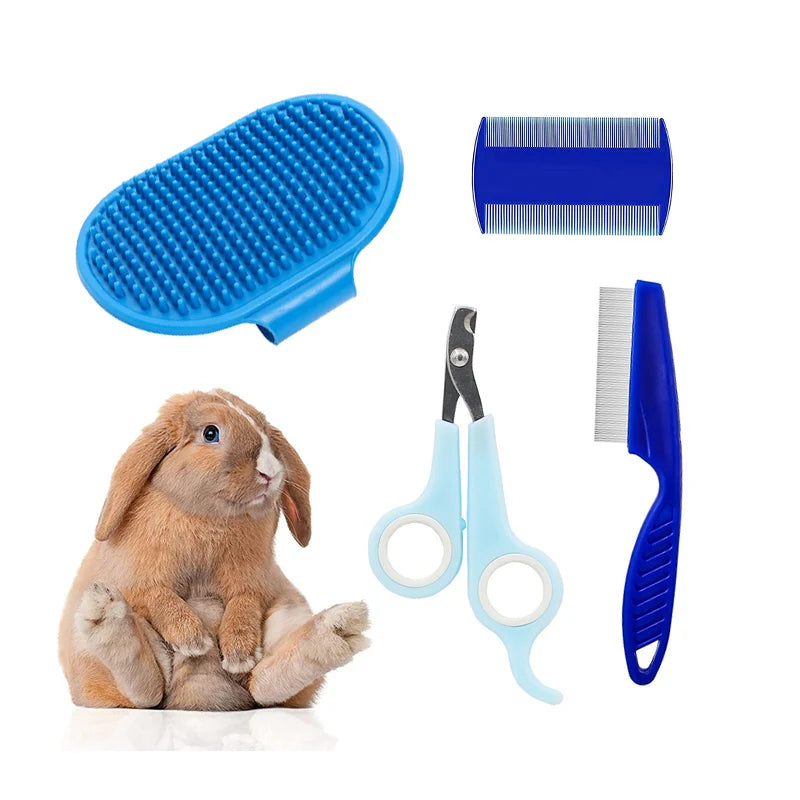 Rabbit Grooming Kit Tear Stain Remover Cleaning Combs Pet Nail Clipper Double-Sided Shampoo Bath Brush for Guinea Pig Bunny