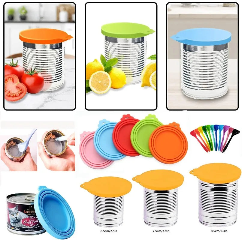 2pcs/set Reusable Pet Food Can Cover Silicone Dogs Cats Storage Tin Cap Lid Seal Cover with Spoon