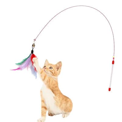 Interactive Wire Feather Cat Teaser Stick Fun Pet Toy for Kittens Entertaining Bell Feather Fish Wand Playful Cat Accessories