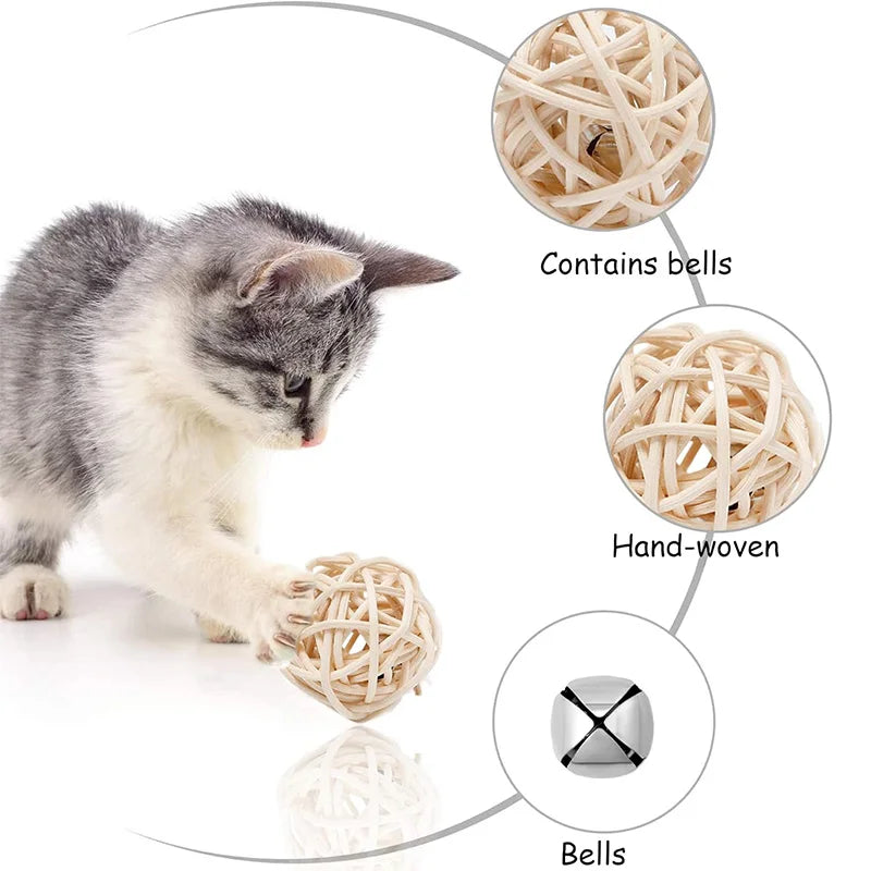 Rattan cat ball, faux feather fun toy, bell, interactive ball, pet supplies, 2 pcs.