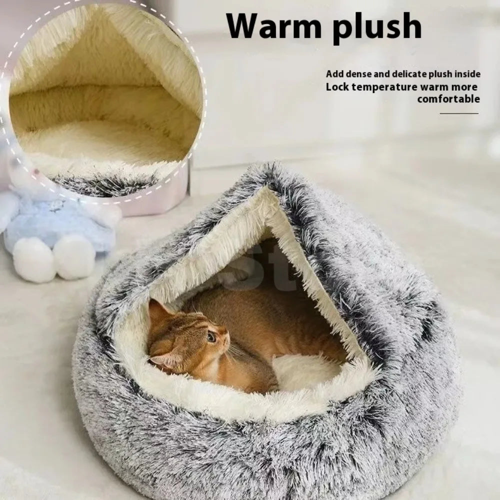 LH Plush Cat Bed with Cover Round Pets Bed Super Soft Mattress Warm Cat Dog 2 in 1 Comfortable Sleeping Nest for Small Pet