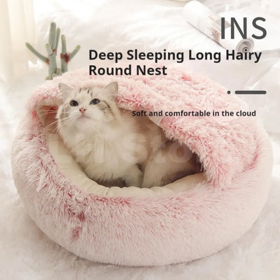 LH Plush Cat Bed with Cover Round Pets Bed Super Soft Mattress Warm Cat Dog 2 in 1 Comfortable Sleeping Nest for Small Pet