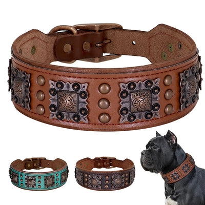 Cool Spiked Dog Collar For Medium Large Dogs Genuine Leather Pitbull Bulldog Adjustable Pet Accessories Collars Necklace