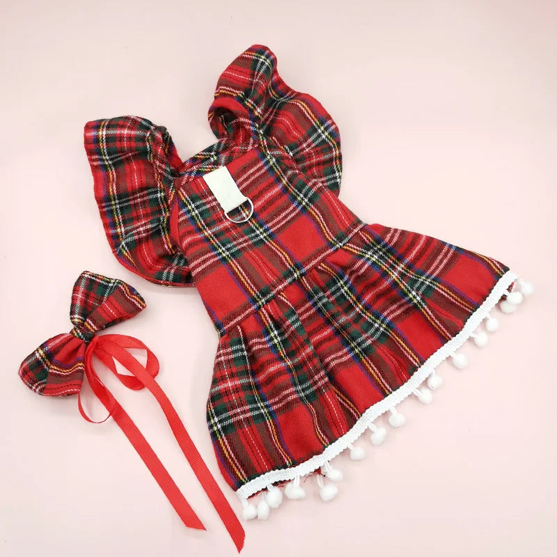 Christmas Dog Dresses Strap Autumn Winter Dog Clothing Skirt Cat Pet Clothing Cosplay Christmas Checker Clothes for Small Dog