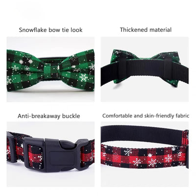 Dog Collar with Bow tie,Christmas Plaid Snowflake Dog Collar with Adjustable Buckle Suitable for Small Large Dogs Cats Pets