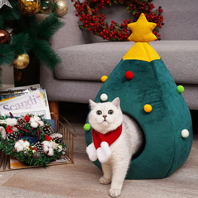 Christmas Cat/Dog Nest Warm  Comfortable Plush Teddy Pet Bed Cave Bed Shape Tree Cat Nest Detachable and Washable Pet Supplies