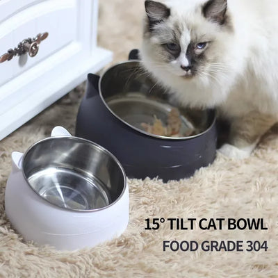 Stainless Steel Cat Bowl Double Bowl To Protect Cervical Vertebra Cat Bowl Oblique Explosion Pet Food Basin Cat Supplies