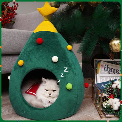 Christmas Cat/Dog Nest Warm  Comfortable Plush Teddy Pet Bed Cave Bed Shape Tree Cat Nest Detachable and Washable Pet Supplies