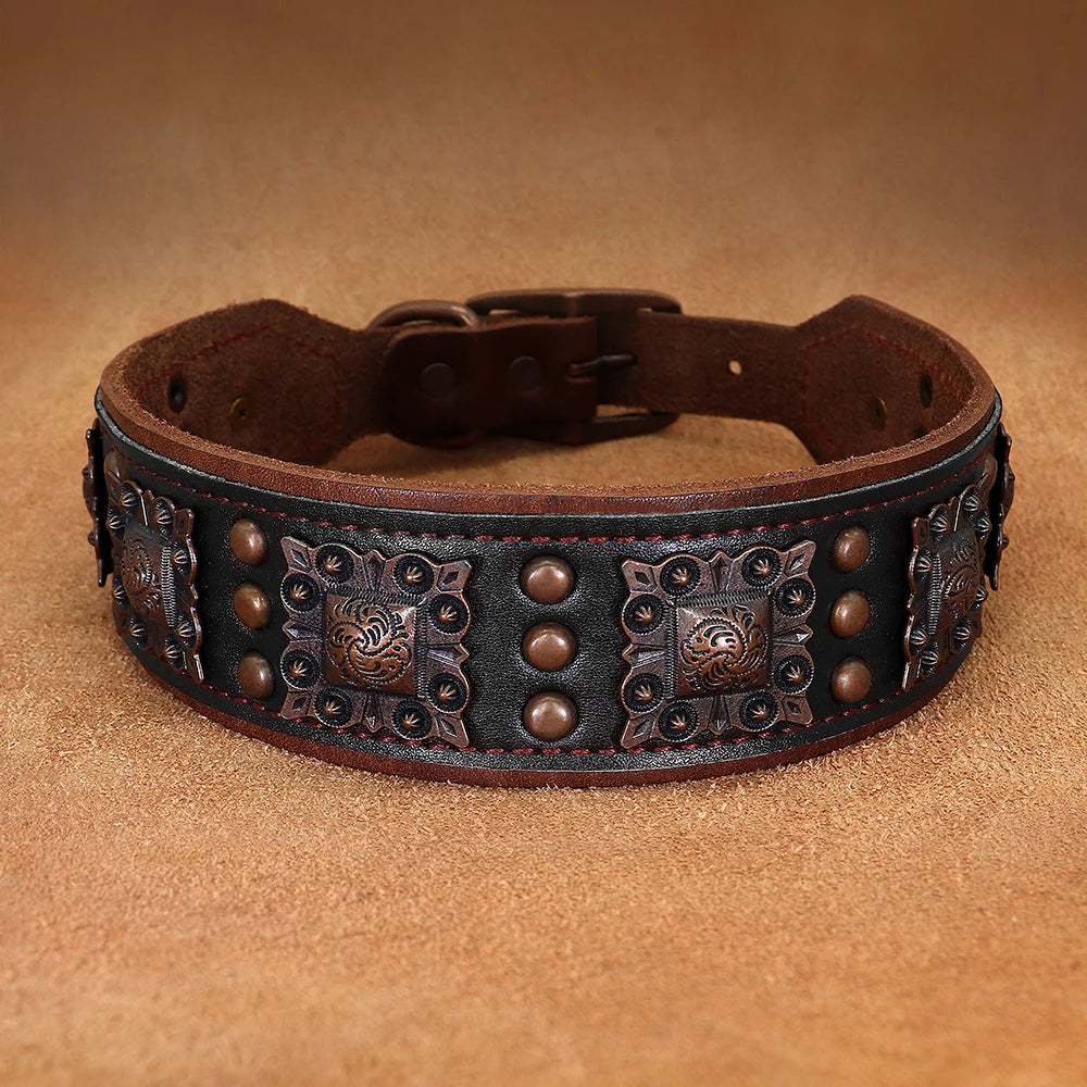 Cool Spiked Dog Collar For Medium Large Dogs Genuine Leather Pitbull Bulldog Adjustable Pet Accessories Collars Necklace