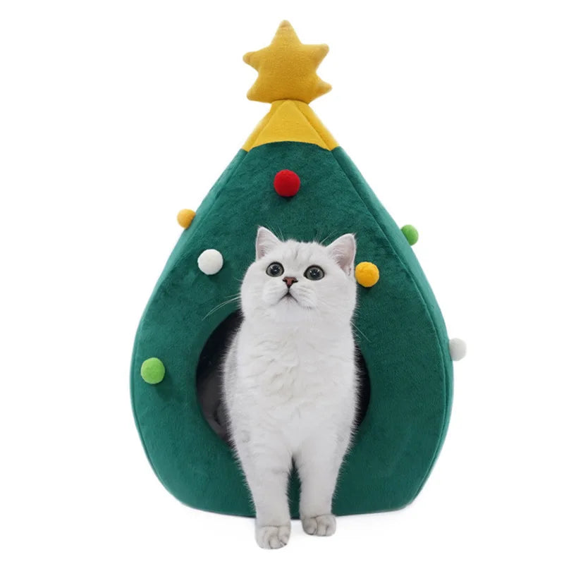 Christmas Cat/Dog Nest Warm  Comfortable Plush Teddy Pet Bed Cave Bed Shape Tree Cat Nest Detachable and Washable Pet Supplies