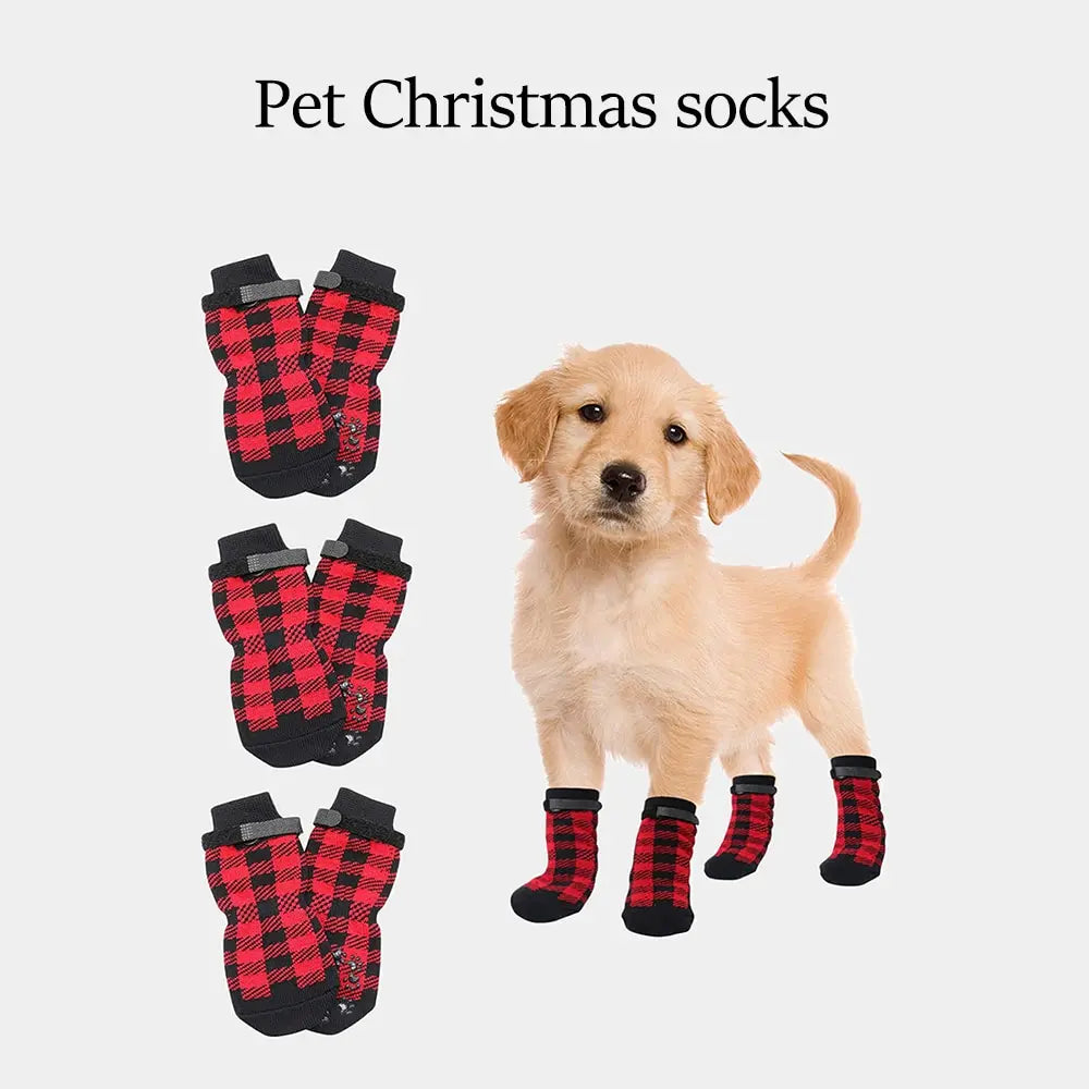 4PCS Pet Stocking Christmas Dog Stocking Thermal Strap With Non-slip Sole Pet Paw Protector For Small Medium Dogs