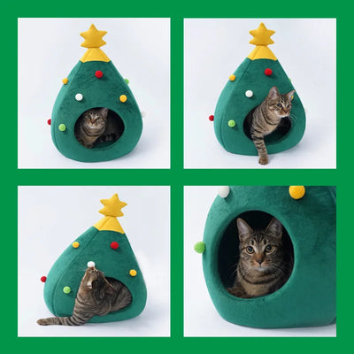 Christmas Cat/Dog Nest Warm  Comfortable Plush Teddy Pet Bed Cave Bed Shape Tree Cat Nest Detachable and Washable Pet Supplies