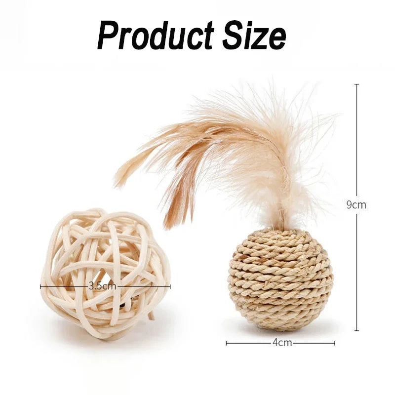 Rattan cat ball, faux feather fun toy, bell, interactive ball, pet supplies, 2 pcs.