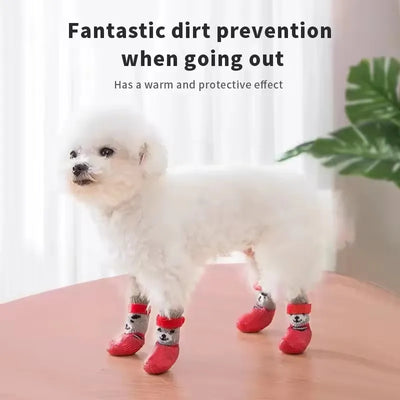 Cute Bear Cotton Dog Shoes Rubber Sole Non-slip Waterproof Cats & Dogs Socks for Chihuahua Puppy Small Medium Pets Snow Boots