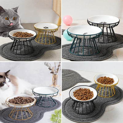 1 Set Pet Ceramic Bowl Iron Rack Cat Food Snacks Canned Plate Anti-Black Chin Anti-Turning Water Does Not Leak Easy To Eat