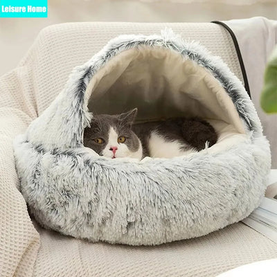 LH Plush Cat Bed with Cover Round Pets Bed Super Soft Mattress Warm Cat Dog 2 in 1 Comfortable Sleeping Nest for Small Pet