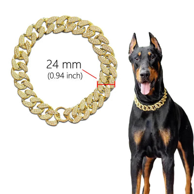 ABS Plastic Dog Collar Chain Diamond Inlay Sparkle Bulldog Necklace Cat Collars Pet Accessories Small Medium Large Dogs Golden