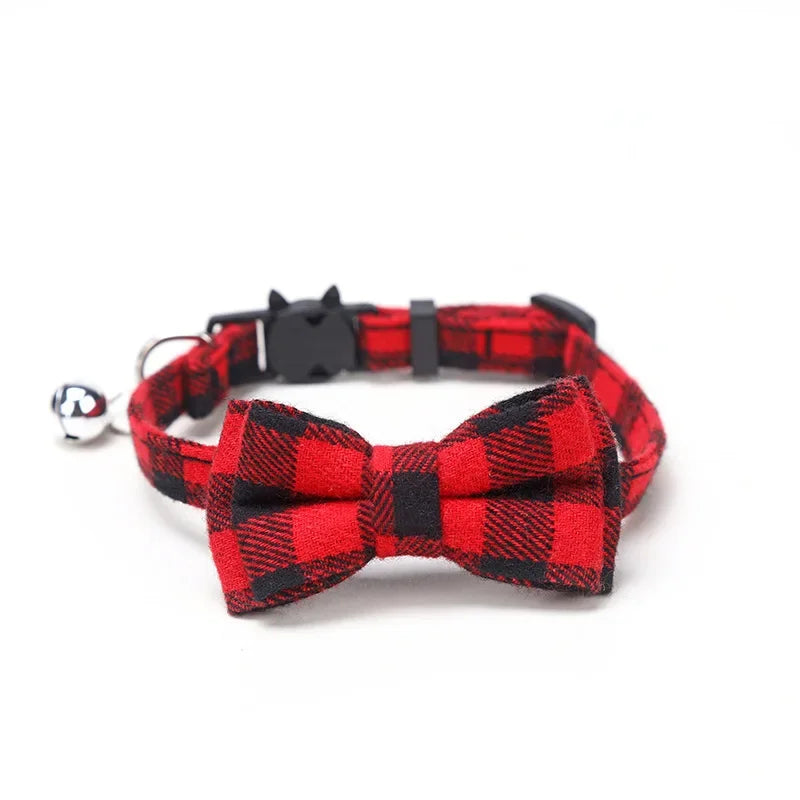 New plaid collar Pet bell collar bow tape cloth round ears cat dog collar