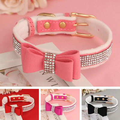 Warm Fur Dog Bow Collar Suede Leather Puppy Dogs Collars Rhinestone Bowtie Pet Necklace for Small Medium Dogs Cats Chihuahua