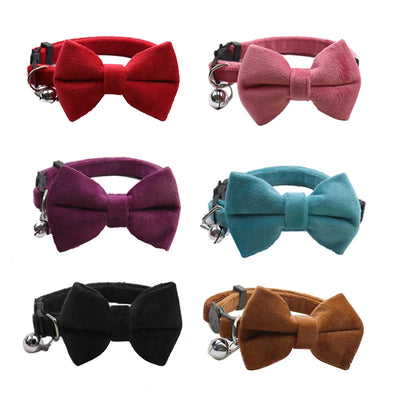 Velvet Cat Collar Solid Color Bowknot Puppy Chihuahua Collars with Bell Adjustable Safety Buckle Cats Bow Tie Pets Accessories