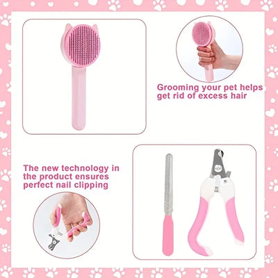 8Pcs Cat Brush Beauty Kit With Pet Nail Clippers And Files Pet Self-Cleaning Kit Flea Comb Pet Shampoo Bath Brush Pet Sheddin