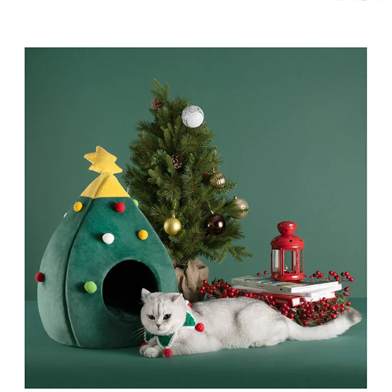 Christmas Cat/Dog Nest Warm  Comfortable Plush Teddy Pet Bed Cave Bed Shape Tree Cat Nest Detachable and Washable Pet Supplies