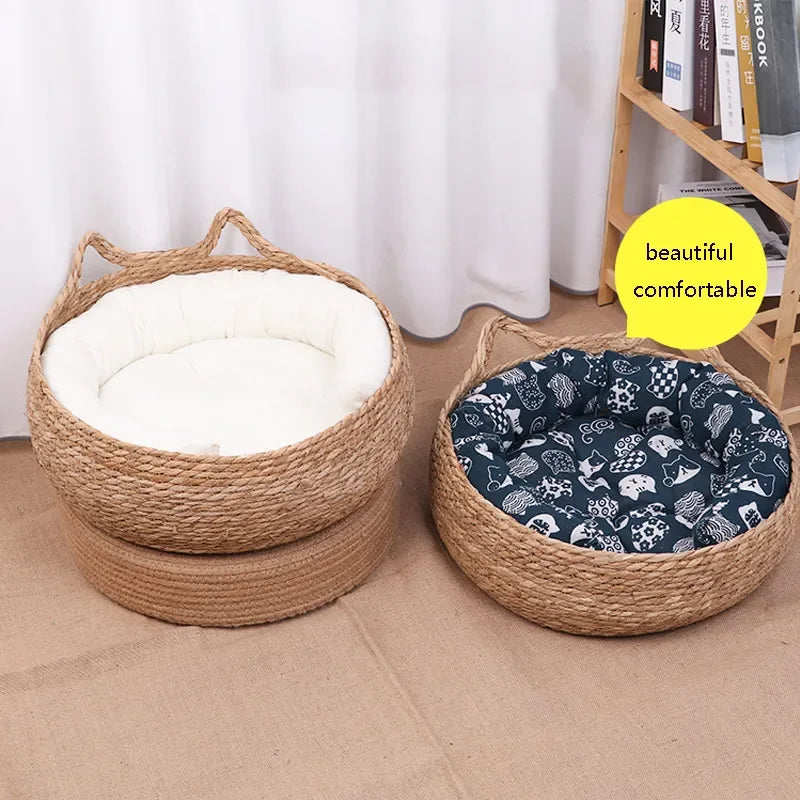 Four Seasons Universal Pure Handmade Vine Woven Cat Nest Seasonal Warmth Pad Detachable Washable Winter Pet Supplies Accessories