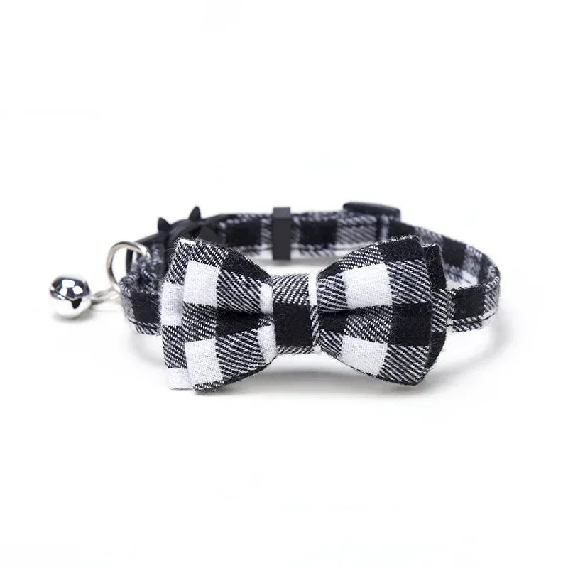 New plaid collar Pet bell collar bow tape cloth round ears cat dog collar