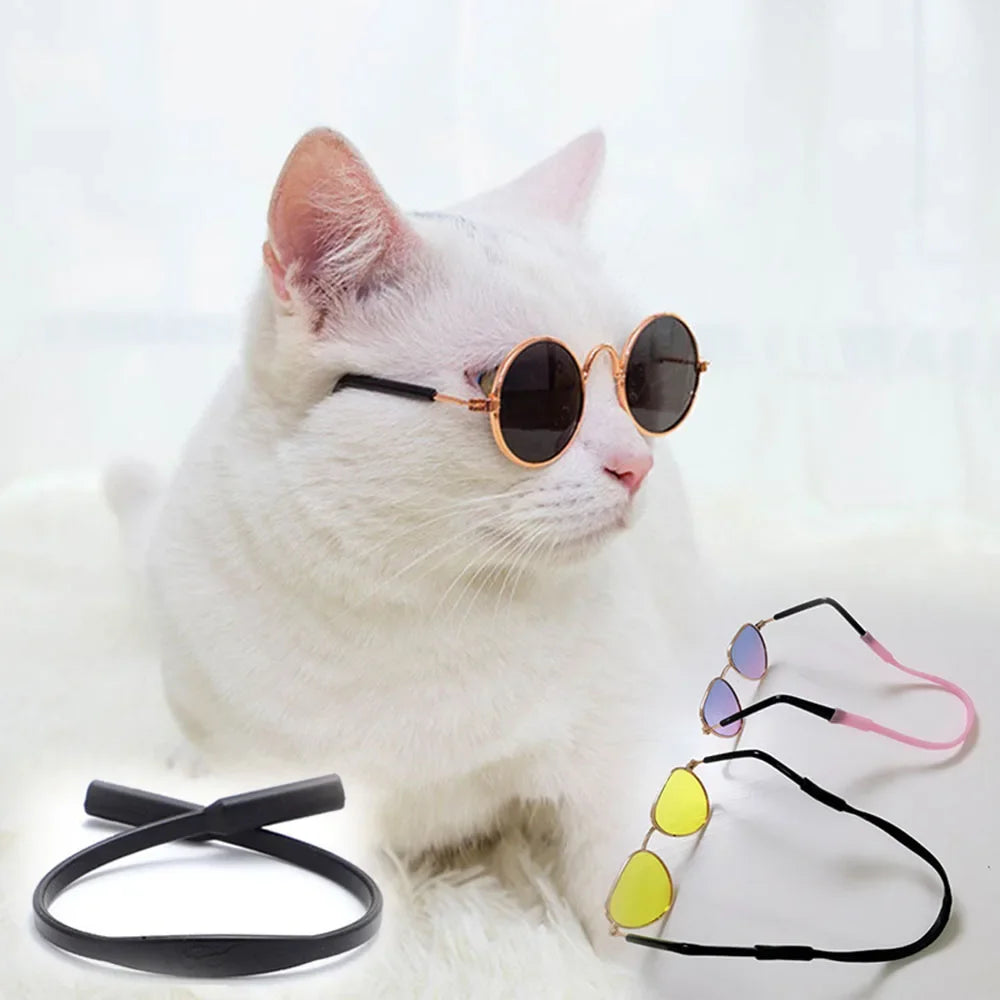 Cat Dog Sunglasses Funny Pet Glasses Round Metal Cat Classic Retro Sunglasses with Anti Slip Belt Pet Party Costume Photo Props