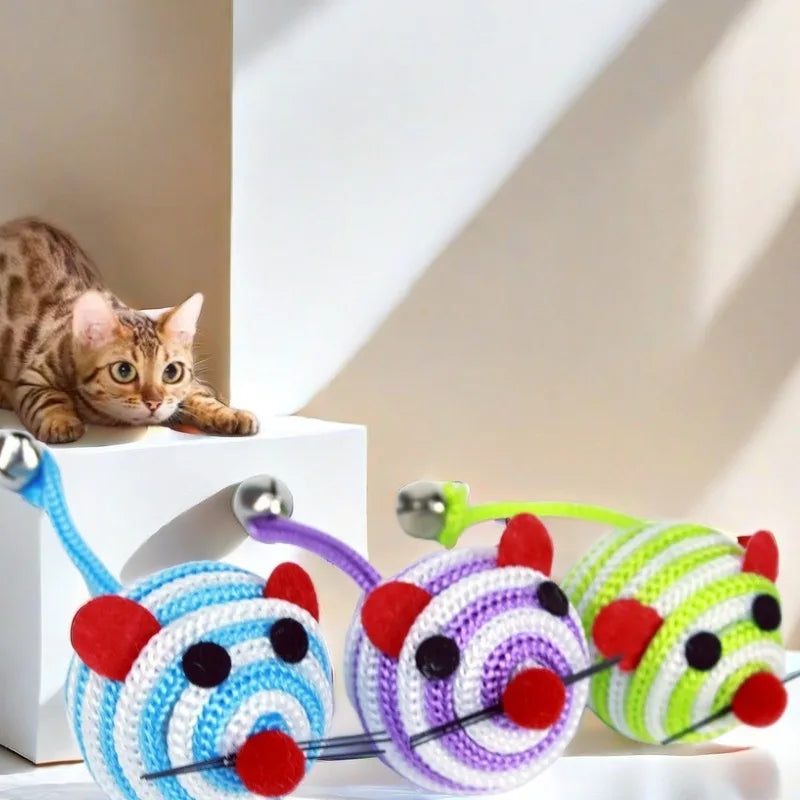 Stripe Nylon Rope Round Ball Cat Interactive Toy with Bell Mouse Long Tail Cat Bite Play Toy Pet Cat Chew Toys Pet Supplies