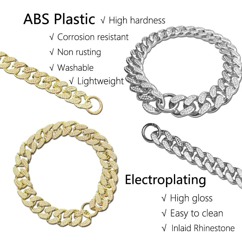 Plastics Dog Chain Collar Gold Luxury Diamond Studded Collar for Medium Large Dogs Pet Jewelry Necklace Accessories Cuban Chain