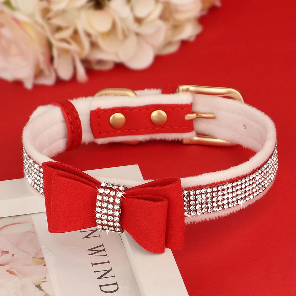 Warm Fur Dog Bow Collar Suede Leather Puppy Dogs Collars Rhinestone Bowtie Pet Necklace for Small Medium Dogs Cats Chihuahua