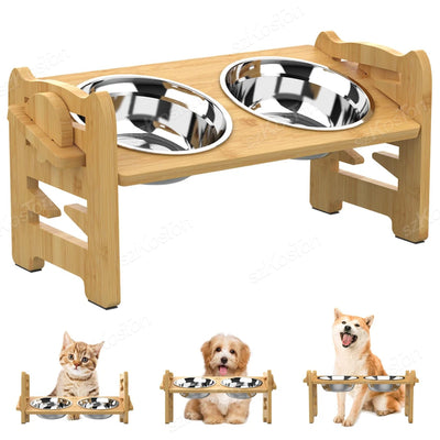 Elevated Dog Bowls Bamboo Tilted Adjustable Dogs Feeder Stand with Stainless Steel Food Bowls for Puppies Cats Pet Accessories