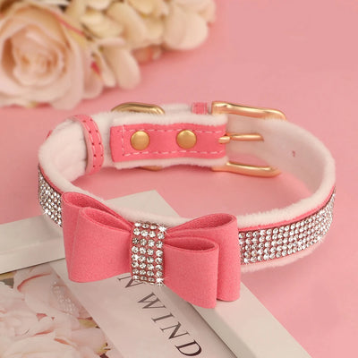 Warm Fur Dog Bow Collar Suede Leather Puppy Dogs Collars Rhinestone Bowtie Pet Necklace for Small Medium Dogs Cats Chihuahua