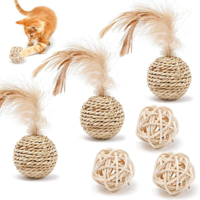 Rattan cat ball, faux feather fun toy, bell, interactive ball, pet supplies, 2 pcs.