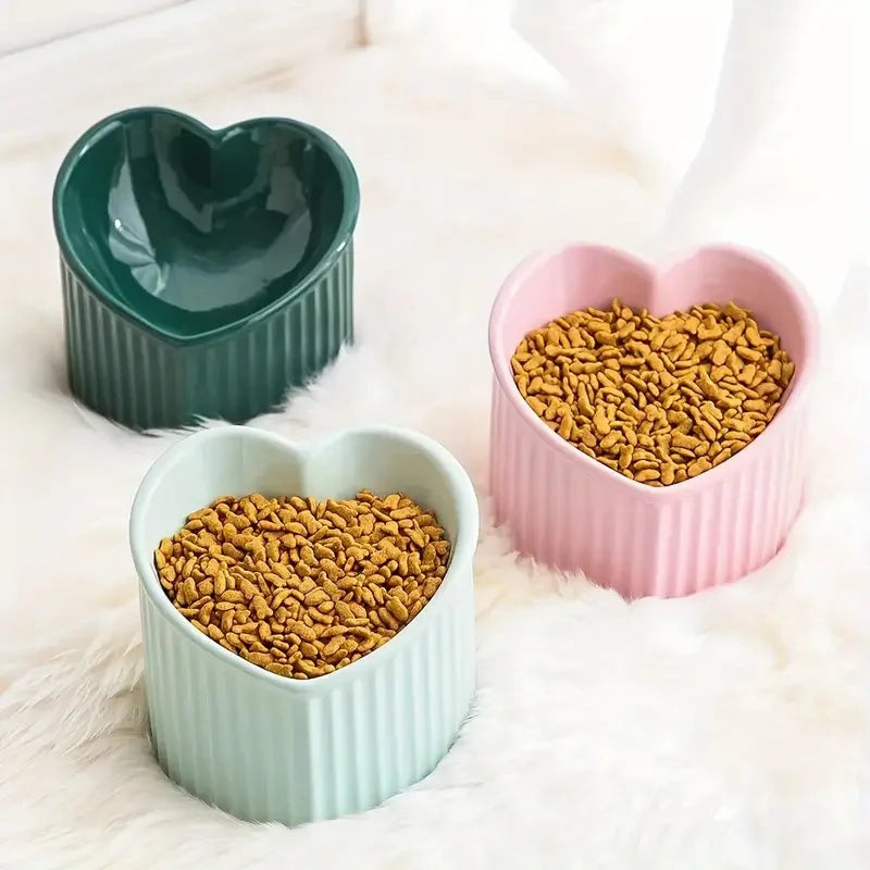 Pet FeederCeramic Tilted Elevated Cat Bowl Heart Shape Anti Slip Cute for Cats Kitten Small Dogs Functional Width 14cm Handmade