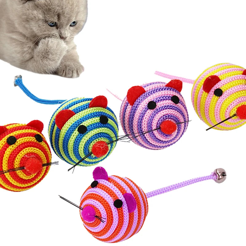 Stripe Nylon Rope Round Ball Cat Interactive Toy with Bell Mouse Long Tail Cat Bite Play Toy Pet Cat Chew Toys Pet Supplies