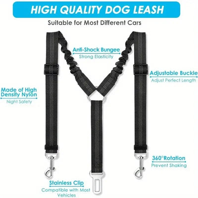 Pet car seat belt reflective towing rope, one tow two dog ropes, large dog explosion-proof punching dog car seat belt