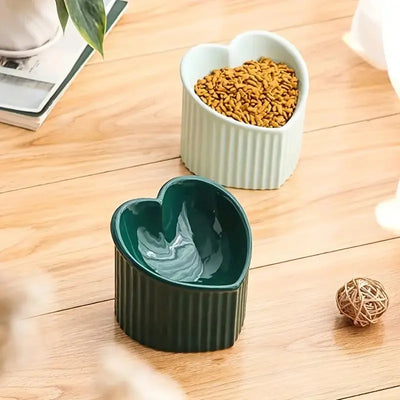 Pet FeederCeramic Tilted Elevated Cat Bowl Heart Shape Anti Slip Cute for Cats Kitten Small Dogs Functional Width 14cm Handmade