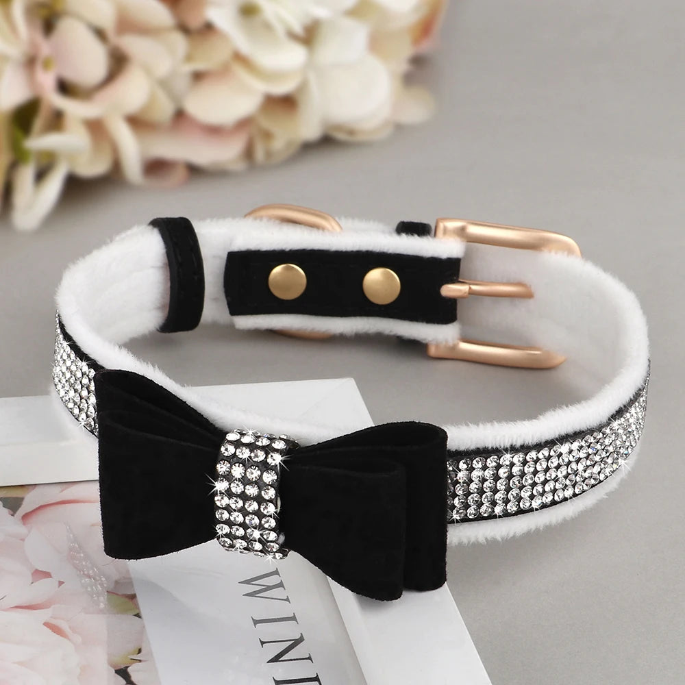 Warm Fur Dog Bow Collar Suede Leather Puppy Dogs Collars Rhinestone Bowtie Pet Necklace for Small Medium Dogs Cats Chihuahua