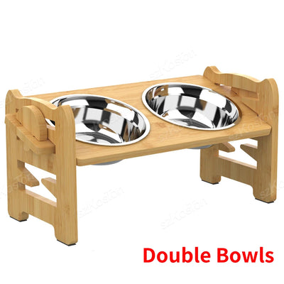 Elevated Dog Bowls Bamboo Tilted Adjustable Dogs Feeder Stand with Stainless Steel Food Bowls for Puppies Cats Pet Accessories