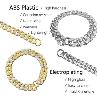 ABS Plastic Dog Collar Chain Diamond Inlay Sparkle Bulldog Necklace Cat Collars Pet Accessories Small Medium Large Dogs Golden