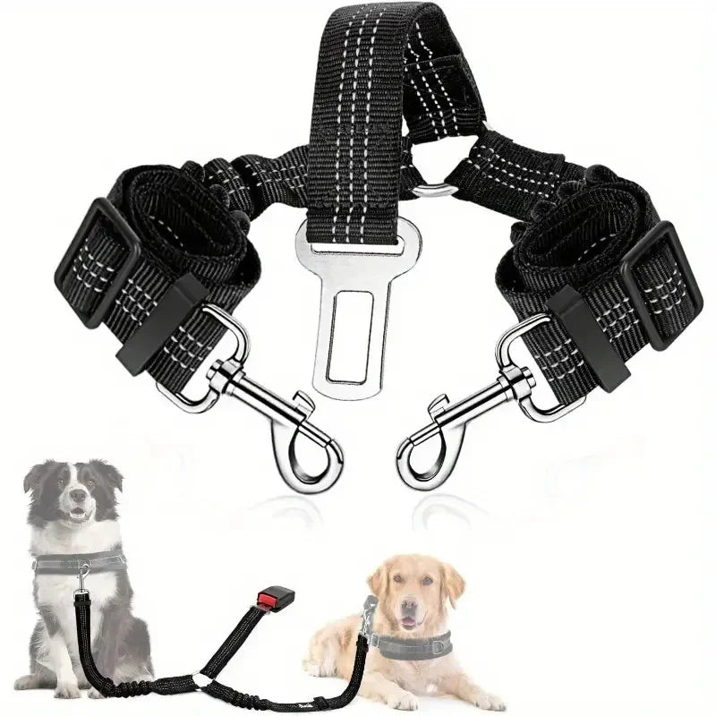 Pet car seat belt reflective towing rope, one tow two dog ropes, large dog explosion-proof punching dog car seat belt