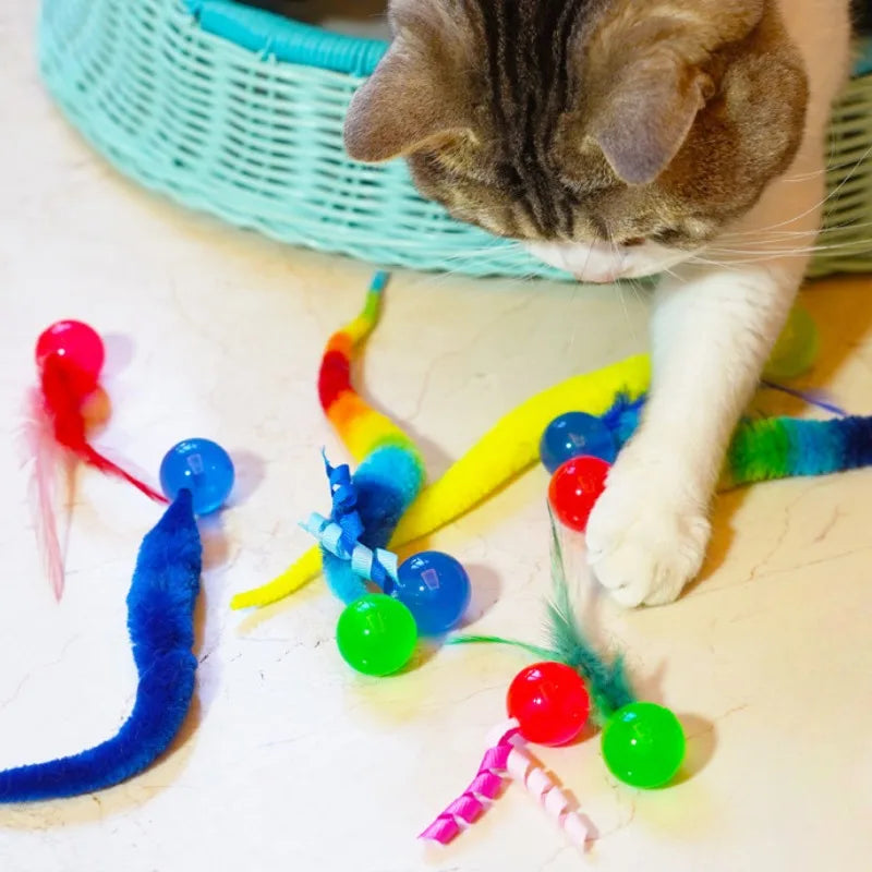 3Pcs/Set Pet Toy Caterpillar Elastic Ball Cat Toy Rainbow Worm Bouncing Ball Indoor Cat Caterpillar Elastic Interactive Toy